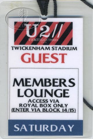 U2 2005 Vertigo Tour Laminated Backstage Pass Twickenham
