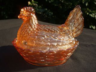 European Carnival Glass.  Rare Brockwitz Marigold Hen On Nest.
