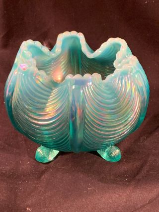 Vintage Fenton Art Glass Rose Bowl Drapery Curtains Footed Opalescent Blue/green