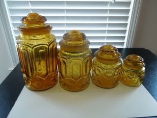 Vintage L.  E.  Smith Amber Moon And Stars 4 Pc Canister Set