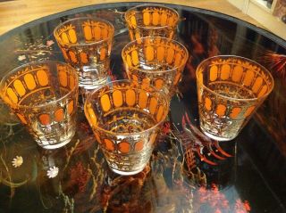 Mid - Century Culver Limited Orange & Gold Old Fashioned Glasses Set Of 6
