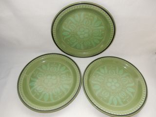 Set Of 3 Stonecraft Avocado Green Seminole 10 1/4 " Dinner Plates Vintage 60/70 