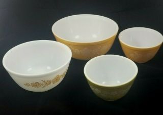4 Vintage Pyrex Flowers & Butterfly Gold White Green Mixing Bowls 401 402 403