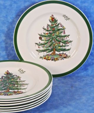 7 Spode China Christmas Tree Green Trim 7 3/4 " Salad Plates,  England - S3324 - Euc