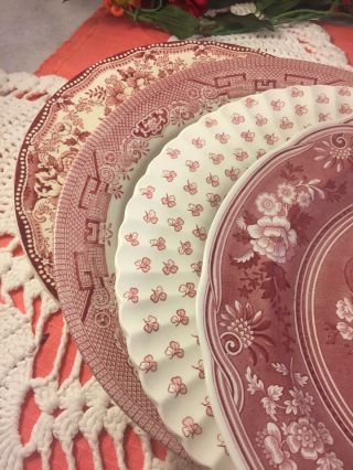 4 Vintage Mismatched China Ironstone Dinner Plates Pink White Transferware 285