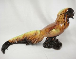 Vintage Deforest California Pottery Bird Long Tail And Comb Brown Gold 18 " Mcm