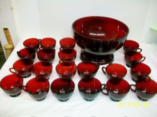 Vintage Depression Glass Royal Ruby Red Punch Bowl Set Bowl,  Base & 20 Cups