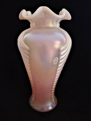 11 " Fenton Pink Champagne Opalescent Carnival Feather Vase