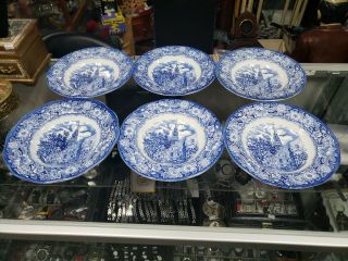 Liberty Blue Soup Bowls Rimmed Set Of 6 Staffordshire Old North Church 8 3/4”