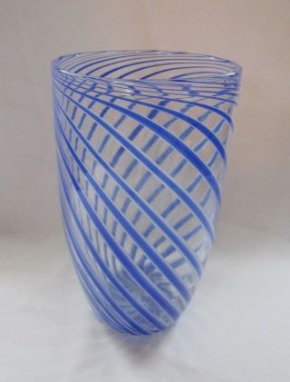 Murano Italy Venezia Art Glass Blue And White Crystal Swirl Vase With Label