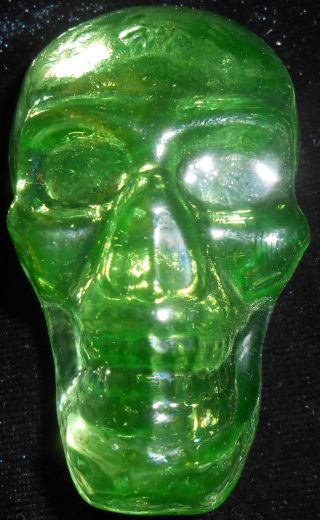 Green Vaseline Art Glass Gothic Skull Head / Uranium Figurine Canary Yellow Neon