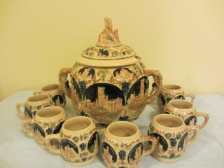 Vintage Stoneware German Castle Ceramic Punch Bowl Set With 8 Matching Cups