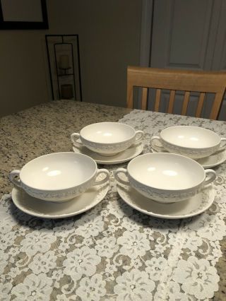 Set Of 4 Wedgwood Queensware Embossed Cream On Cream Soup Bowl W Underplates