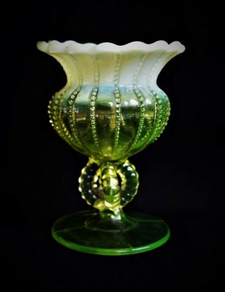 Vintage Northwood Yellow Opalescent Vaseline Glass Beaded Panel Footed Bowl Vase