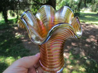 Imperial Ripple Antique Carnival Glass Squatty Vase Just 5 1/2 " Tall Marigold