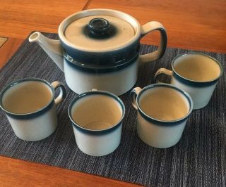 Vintage Wedgwood Blue Pacific Teapot W/ Lid Plus 4 Cups,  Made In England,