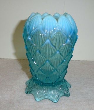 Vintage Northwood Palisades Lined Lattice Blue Opalescent Rose Bowl Whimsey Vase