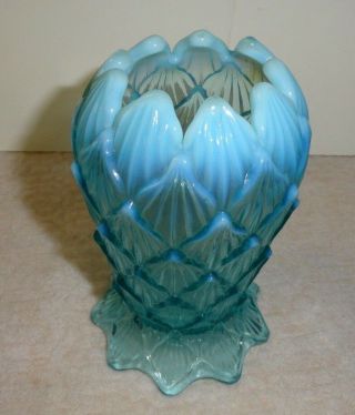 Vintage Northwood Palisades Lined Lattice Blue Opalescent Rose Bowl Whimsey Vase 3