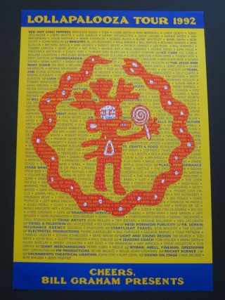 1992 Lollapalooza Poster 13x19 1/4 " Chili Peppers,  Pearl Jam,  Soundgarden