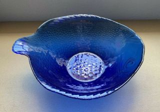 Rare Unusual Vintage Cobalt Blue Glass Fish Shaped Mixing Bowl 11.  25” L