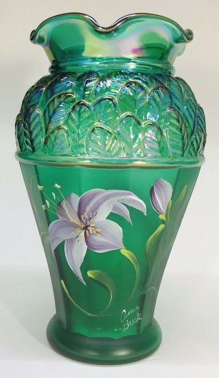 Fenton Hand Painted Emerald Green Iridescent Vase With Lilies