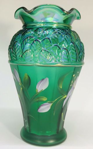 Fenton Hand Painted Emerald Green Iridescent Vase With Lilies 2