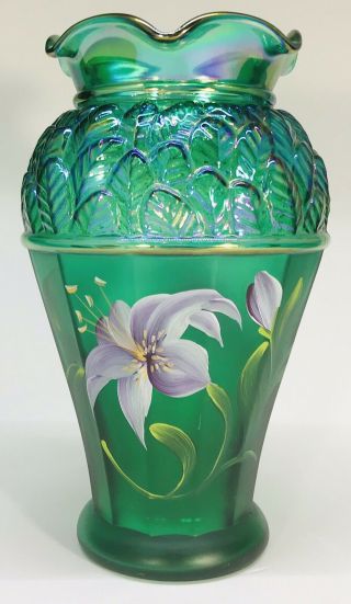 Fenton Hand Painted Emerald Green Iridescent Vase With Lilies 3