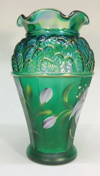 Fenton Hand Painted Emerald Green Iridescent Vase With Lilies 4