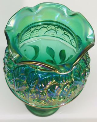 Fenton Hand Painted Emerald Green Iridescent Vase With Lilies 5