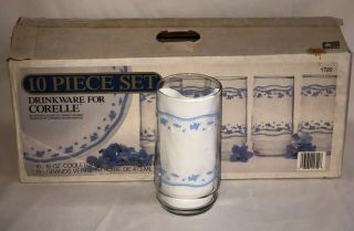 10 Pc Corelle Morning Blue 16 Oz Water Glasses/tumblers W/box