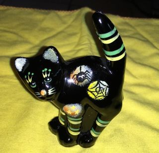 Fenton Glass Halloween Black Handpainted Scaredy Cat.  Spider/web