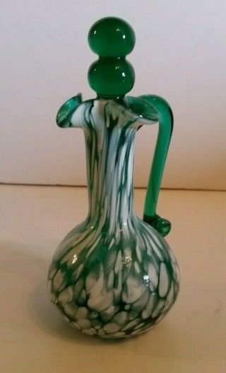 Vintage Glass Oil Vinegar Cruet Bottle Decanter Green & White 6 1/4 " Tall