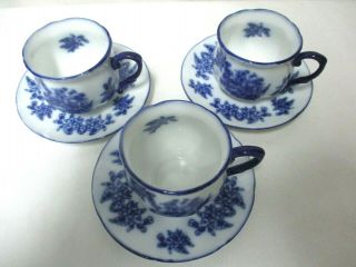Set 3 Ironstone Antique Flow Blue Cup & Saucer Waldorf Pattern Floral