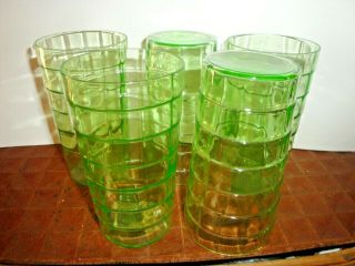 Vintage Green Depression Block Optic 5 " Glass Tumblers X 5