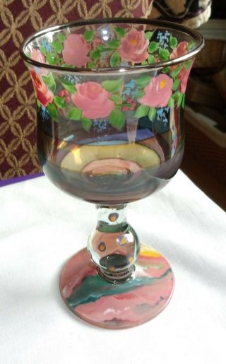 Mackenzie Childs Hand Painted Rose/dots Water Wine Goblet Glass 1983