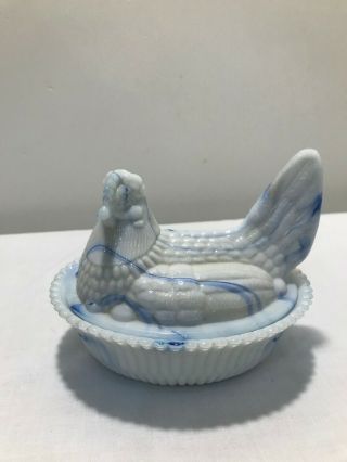 Blue And White Slag Glass Hen On Nest - Made By Boyd