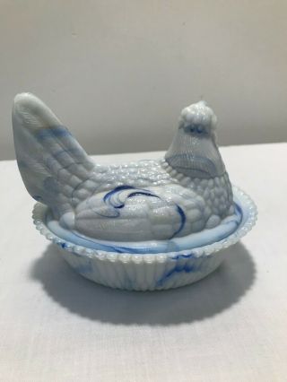 Blue and White Slag Glass Hen on Nest - Made by Boyd 3