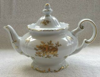Vintage Germany Gdr Weimar Porcelain Tea Pot White Gold Roses 12019