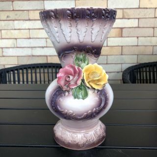 Vintage Porcelain Floral Capodimonte Italy Purple Pink Rose Vase Applied Flowers