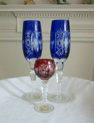 Hungary Bohemian Cut Crystal Glass 2 Cobalt Champagne Flutes 1 Ruby Red Cordial