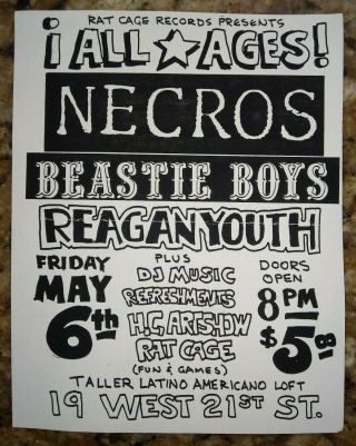 Beastie Boys Rare 1981 Nyhc Punk Flyer,  Necros,  Reagan Youth