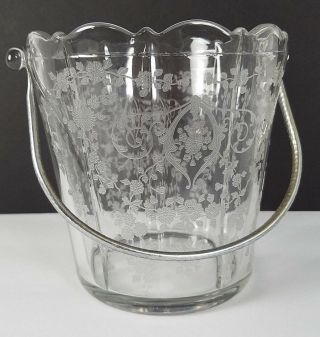 Vtg Cambridge Glass Ice Bucket Etched Diane Pattern Floral Scroll Metal Handle