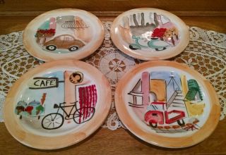 4 Vietri Hand Painted 8 3/4 " Salad Plate Italy Street Scenes Collectible Set