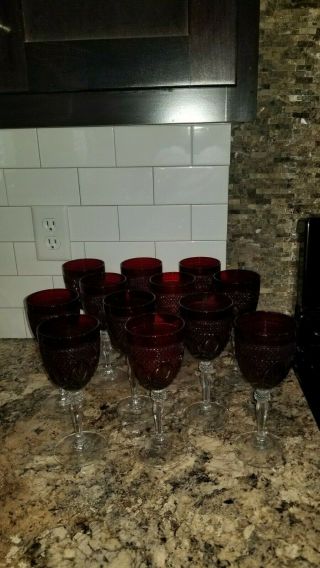 Set Of 12 Vtg Luminarc Arcoroc Ruby Red & Crystal Stem Wine Glasses France