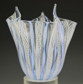 Murano Italy Venetian Latticino Blown Art Glass Twist Ribbon Handkerchief Vase