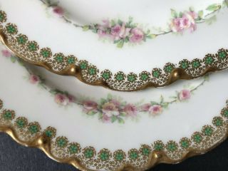 8 Antique Theodore Haviland Limoges Green Pink Rose Beaded Scalloped Plates 6.  25
