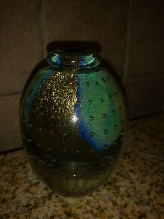 Robert Eickholt Art Glass Vase Blue Gold Foil Dated 1995 4 - 1/2 " Paperweight
