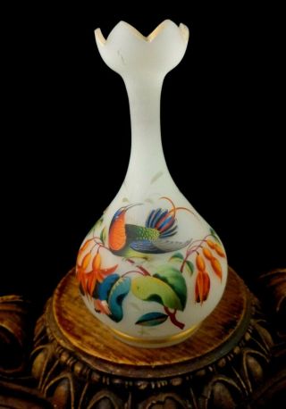 Antique Bohemian Harrach Cut Alabaster Bleeding Heart & Blue Bird Art Glass Vase