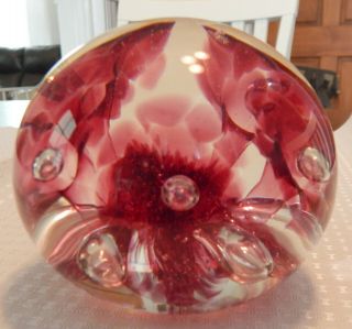 Joe Rice Violet Red Paperweight Glass Controlled Bubbles 1995