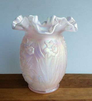 Fenton Glass Vase Pink Iridescent With Daffodils Ruffled Rim 8 Inches